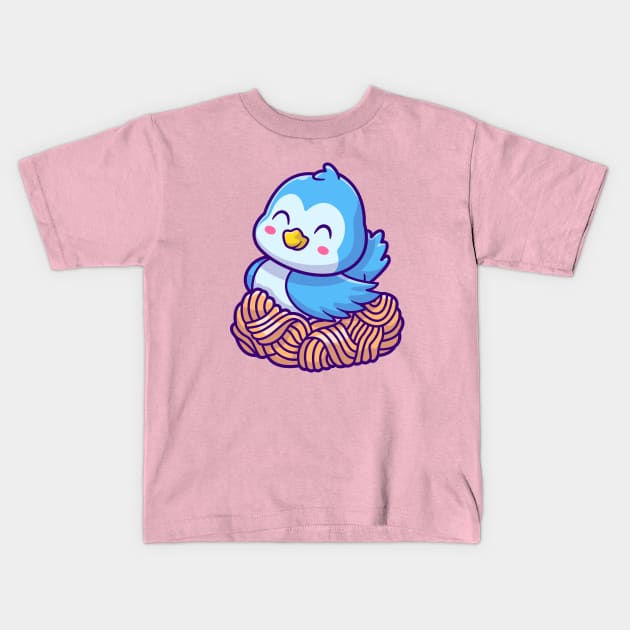 Cute Bird Sitting In Nest Cartoon Kids T-Shirt by Catalyst Labs